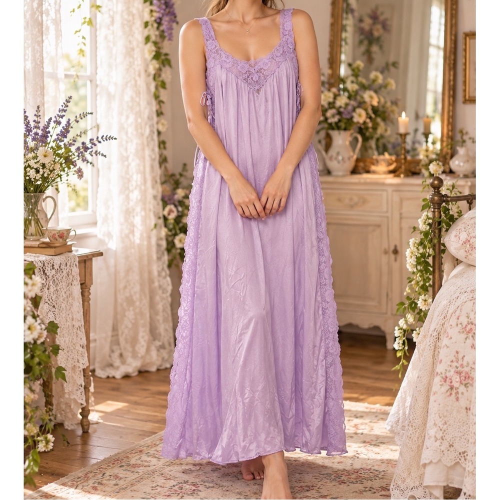 Vintage Sears Lavender Lace Trim Nightgown Maxi Slip Dress Purple Coquette f5